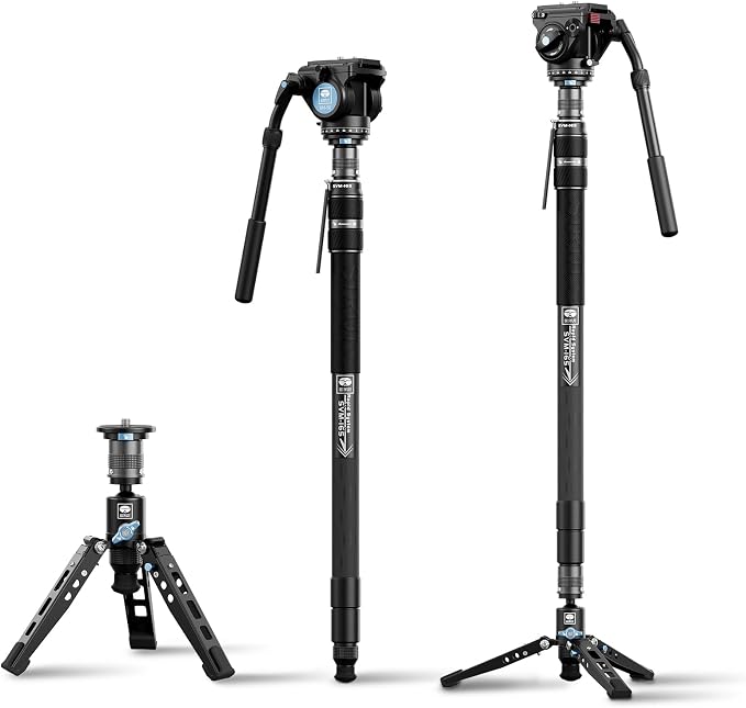 SIRUI SVM-165 Carbon Fiber Camera Monopod with Feet, 68.7" Professional Lightweight Travel Monopod with Fluid Video Head for DSLR Camera, One-Step Height Adjustment, Modular, Max Load 22lbs by SIRUI