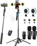 Vlogging Kit for iPhone/Android, 63”Auto Face Tracking Tripod for iPhone with Light, Wireless Microphones, Scrolling Remote Control for TikTok, Content Creator Kit for YouTube Starter by YEAKI