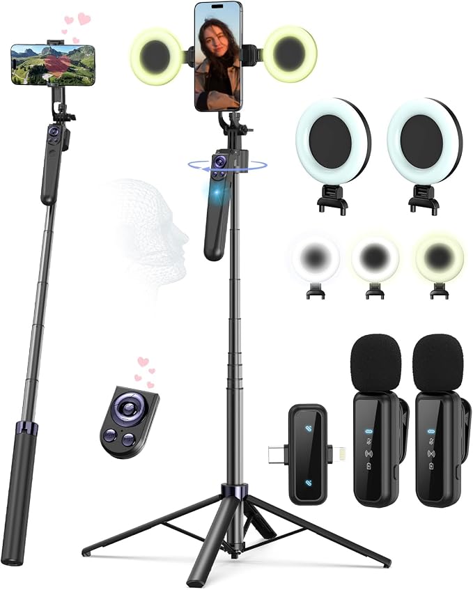 Vlogging Kit for iPhone/Android, 63”Auto Face Tracking Tripod for iPhone with Light, Wireless Microphones, Scrolling Remote Control for TikTok, Content Creator Kit for YouTube Starter by YEAKI