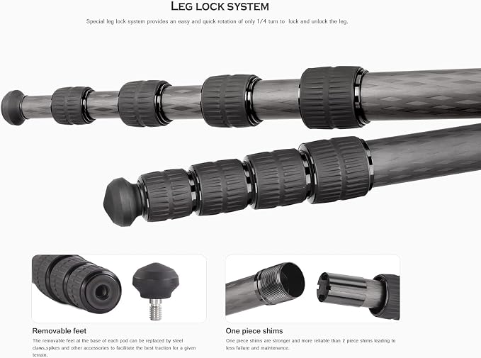 Leofoto MP-366C+VH-10S Monopod and Tilt Head Set, Carbon Fiber, VH-10S Monopod Head, 6 Leg Sections, Arca Compatible (MP-366C+VH-10S Set) - Image 6