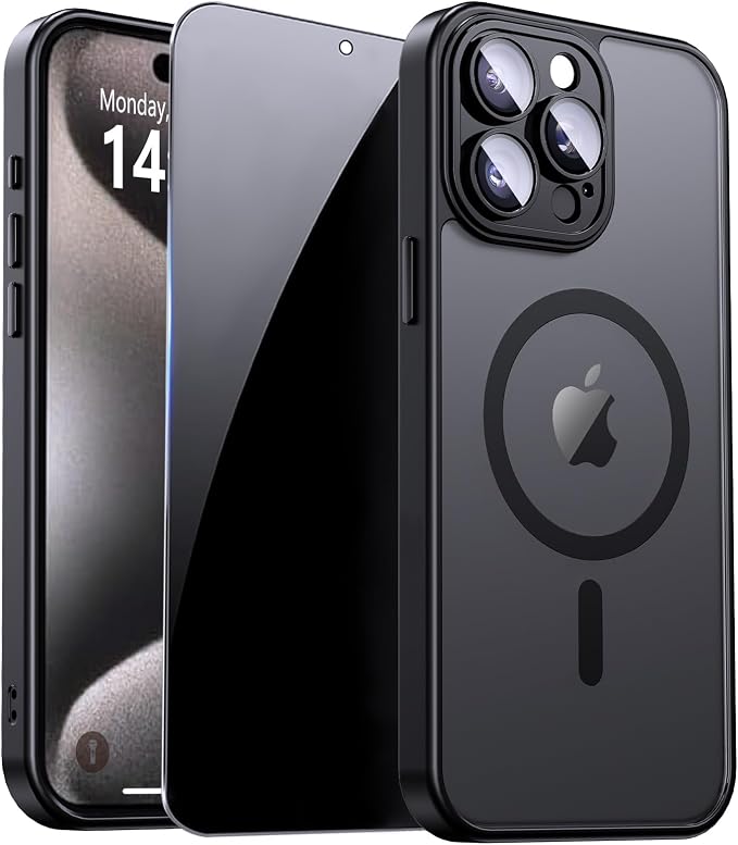 for iPhone 15 Pro Case with Privacy Screen Protector, Black | Full Camera Protection, Translucent Matte Magnetic, Compatible with MagSafe, Shockproof Phone Cover, Slim Fit by ZOZDOKG