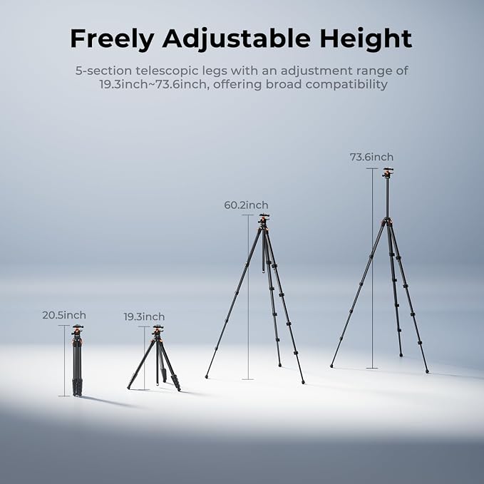 K&F CONCEPT 73" Aluminum Travel Tripod for Camera/Phone | Compact Lightweight 2.9lb, Arca Ball Head, 22lb Max Load for DSLR/Mirrorless/iPhone Video, A305A3+BH-40 - Image 6