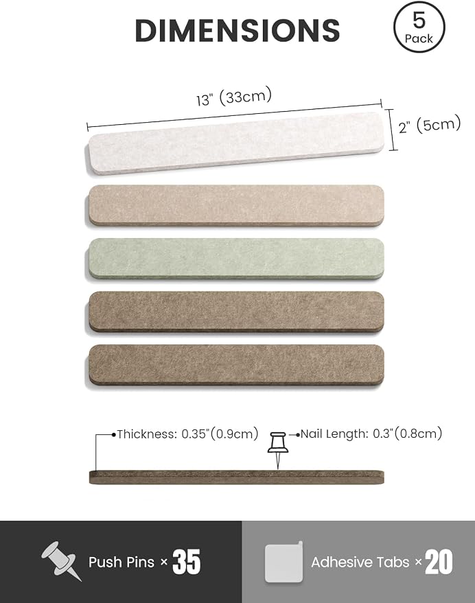 Fluxynara 13" x 2" Felt Wall Panels, Linen Dusk | 5-Pack Includes 35 Push Pins and Adhesive Tabs for Photos, Notes and Decor in Bedroom Doors, Home Office or Studios - Image 2
