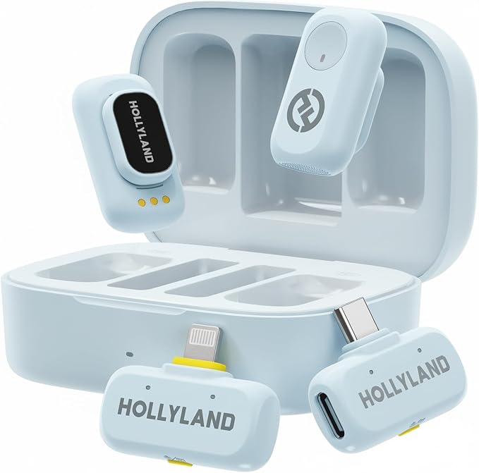 Hollyland Lark A1 Wireless Mini Microphone for iPhone & Android, 48kHz/24-bit, 3-Level Intelligent Noise Cancel, Microphone for YouTube, Podcast, Vlogging (Blue, 2TX + 2RX + Charging Case) by Hollyland