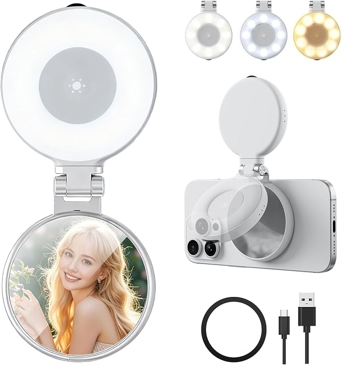 Magnetic Selfie Light, Folding Phone Ring Light | Compatible with iPhone Magsafe, CRI97 360° LED Selfie Ring Fill Light with Mirror for Video Recording/Selfies/Make up/TikTok by AuyKoo