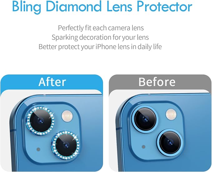 for iPhone 13/13 Mini Camera Lens Protector Bling Diamond, Blue | Individual Metal, 9H Hardness, Scratch Resistant, Shockproof, Drop Protection, Case Friendly, Stylish Accessories - Image 6