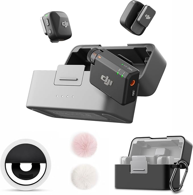 DJI Mic Mini Combo + Silicone Case + Colorful Wind Muff + Selfie Light | Wireless Microphone for iPhone/Camera/Android, Ultralight, Detail-Rich Audio, 48h Use, Noise Cancelling, Streaming, Vlog by Unknown