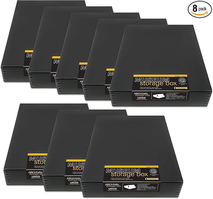 Lineco Drop Front Archival Storage Box, 11.75x15.25x3 in, Black, 8 Pack | Acid-Free with Metal Edge, Preserves Picture Longevity, Organize Photos, Newspapers, Prints, Documents, Crafts, DIY by Lineco
