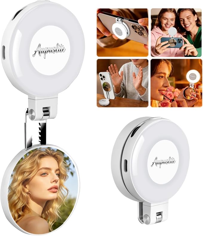 Selfie Light for iPhone with Makeup Mirror–360° Rotation | CRI 97+, 2700K-9500K 300 Lumens Ring Light for Phone, iPhone Photography Video TikTok Zoom Makeup by Aupuslite