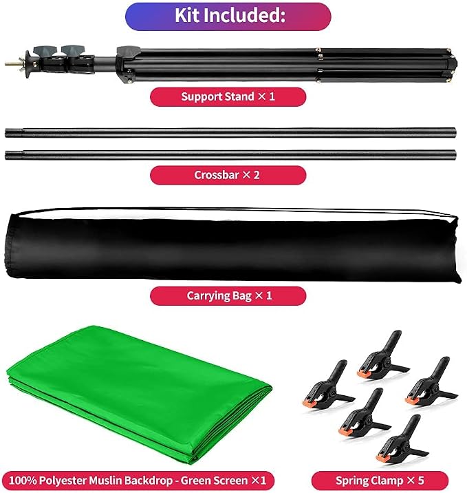 Green Screen Backdrop Stand Kit, 5x6.5FT Portable Greenscreen | Adjustable, carrying bag & 5 clamps, chromakey backdrop with T shape stand, for streaming, photography, gaming, zoom, video - Image 6
