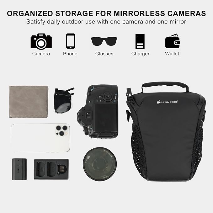 Besnfoto Camera Bag Small, Top-Load Holster Case for Mirrorless DSLR Compatible with Sony A7 IV, Canon R5 R6, Nikon Z6 Z7 with 24-70mm Lens, Compact Travel Shoulder Case with Belt Loop - Image 8