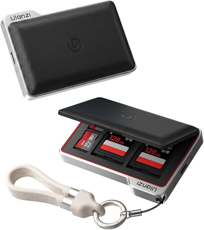 ULANZI DC01 Memory Card Case & USB-C Reader, 4 SD + 4 TF Slots | 312MB/s UHS-II, Dual-Slot Read, Aluminum Folder Magnetic Case with Lanyard Cable, 2.19oz Portable for Photographer by ulanzi