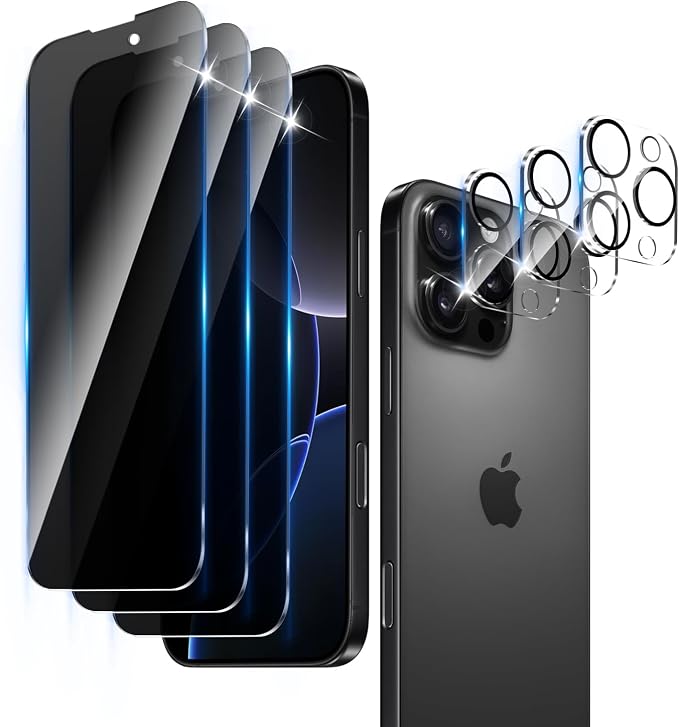 3+3 Pack Privacy Screen Protector Designed for iPhone 16 Pro With 3 Pack Camera Lens Protector,Full Coverage Anti-Spy Tempered Glass Film,9H Hardness,Bubble Free,Easy to Install by Unknown