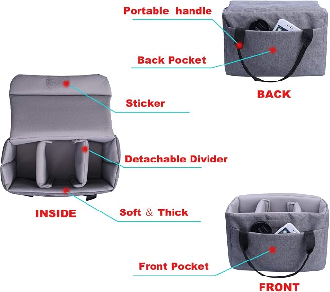 Camera Inserts Protective Bag Padded Insert Camer Cube Water Resistant DSLR SLR Case Foldable Liner for Sony,Canon,Nikon,Olympus Camera Lens Accessories Grey - Image 2