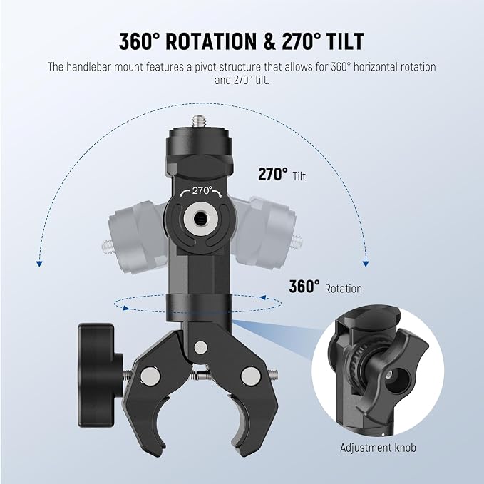 NEEWER Motorcycle Bike Handlebar Clamp Action Camera Mount, CA161 | Heavy Duty Clip Holder, 1/4" Screw, 3 Prong Adapter, Compatible with Insta 360 X5 X4 Hero 13 12, POV Video Recording, CA161 - Image 3