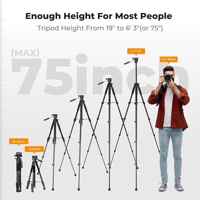 K&F CONCEPT 75" Aluminum Camera Tripod, Lightweight and Compact for Travel | Compatible with Canon Nikon DSLR Camera, Cellphone Clip and Remote Control for Shooting and Video Recording S255A3+BV01 - Image 4