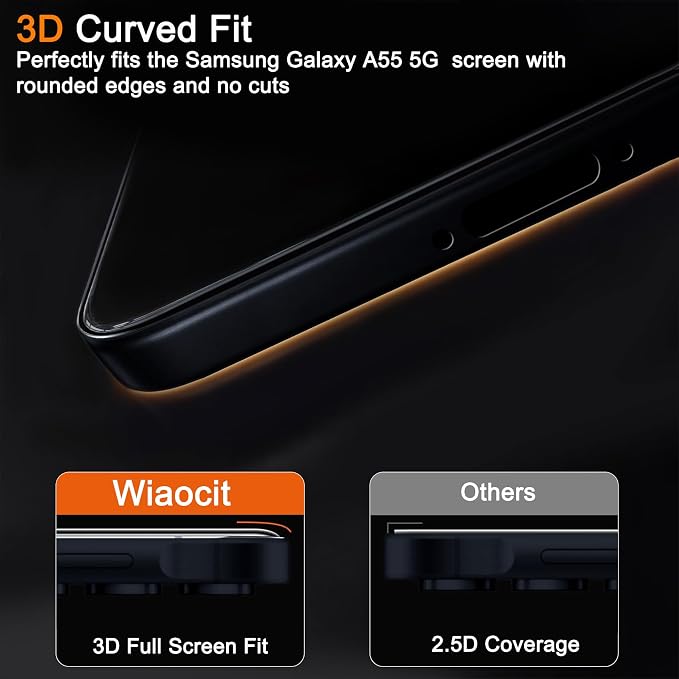 Wiaocit Tempered Glass Screen Protector for Samsung Galaxy A55 5G | 3+3 Pack, 9H Hardness, Camera Lens Protector, Installation Frame, Bubble Free, Case Friendly - Image 5