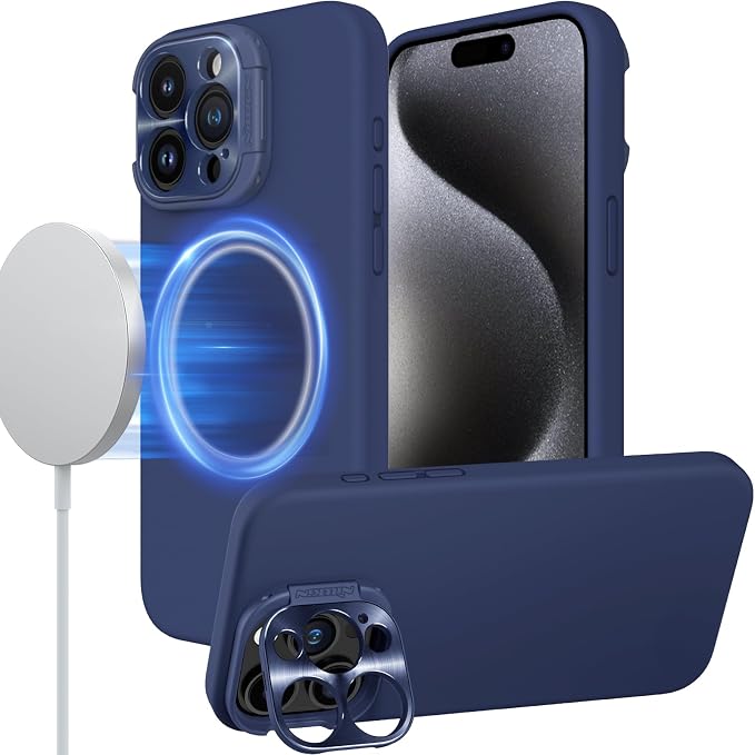 Nillkin for iPhone 15 Pro Case Silicone Upgraded[Compatible with MagSafe][Innovation Metal Camera Invisible Stand] Military Grade Protection Shockproof Phone Case for iPhone 15 Pro 6.1'' Blue by Nillkin