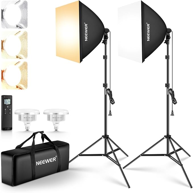 NEEWER 2Pcs 24"x24" 900W Equivalent Softbox Lighting Kit with Tripod Stands, 45W Bi Color 2.4G LED Bulbs, Remote, 10 Channels 2900K-7000K 1400lx/m CRI95, Photography Continuous Lighting Kit, NK103 by Neewer