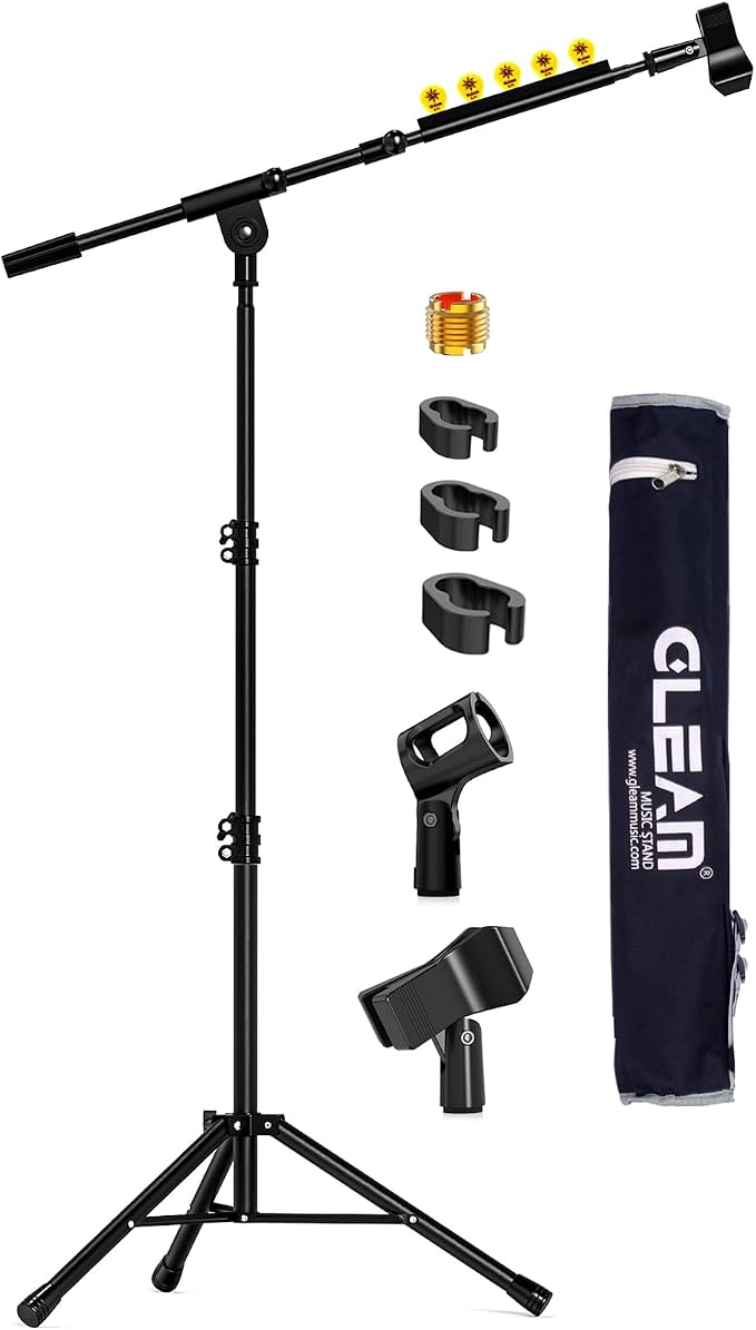 Microphone Stand for Light Microphone less than 1 LB - Tripod Boom Arm Mic Stand with Carrying Bag, 2 Mic Clips and Screw Adapter Portable for Singing Performance Wedding Stage and Mic Mount by GLEAMMUSICSPORTS