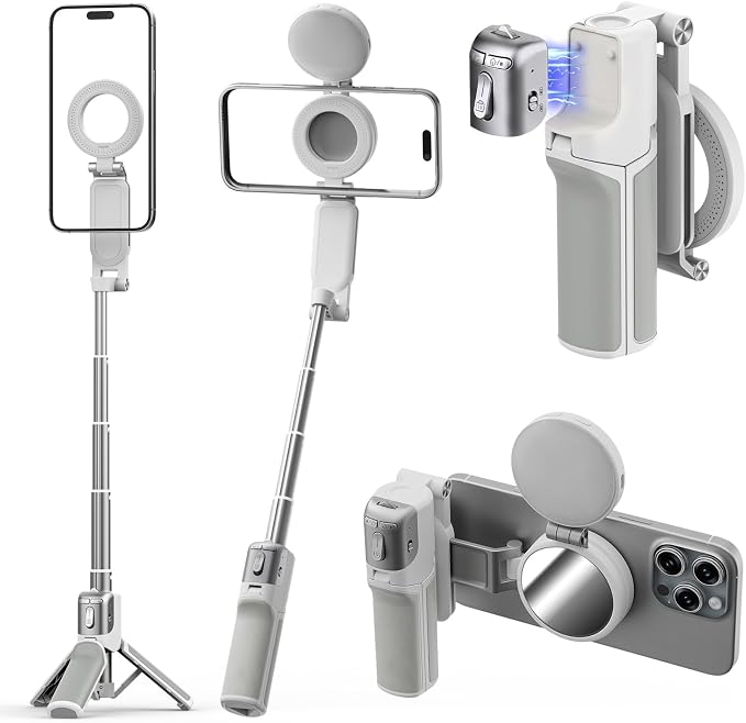 AMAZEAR Phone Camera Grip with Selfie Stick Tripod, Cellphone Accessories with Detachable Wireless Shutter Button for iPhone 16 17 Pro Max, Comfort Ergonomic Phone Handle Holder, White with Light by YourProPhotoGear