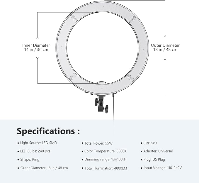 Neewer 18-Inch Ring Light, 55W Dimmable 5500K Light with 240 LEDs Color Filter, Soft Tube and Carrying Bag for YouTube, TikTok, Selfies and Photography, Compatible with Camera and Smartphones | Color Filter, Soft Tube, Carrying Bag, for YouTube TikTok,... - Image 2