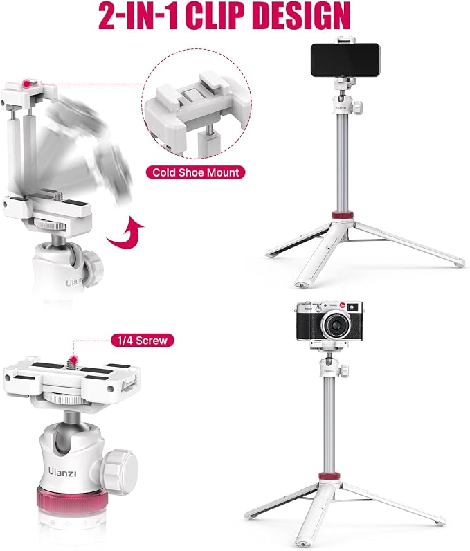 ULANZI MT-44 Extendable Phone Tripod, 59" Portable Selfie Stick Vlog White | 2-in-1 Phone Clip, Cold Shoe, Tripod Stand w 1/4" Screw, 360° Ball Head, Camera Tripod for DJI Pocket 4 Luna Sony Video Live - Image 2