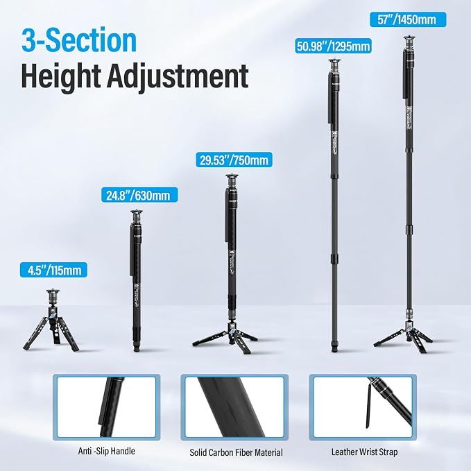 SIRUI SVM-145 Carbon Fiber Rapid Monopod, One-Step Height Adjust, 57" | 22LB Load, Monopod with Feet, Modular 3-in-1, Lightweight, DSLR, Mirrorless Camera, Travel, Outdoor - Image 6