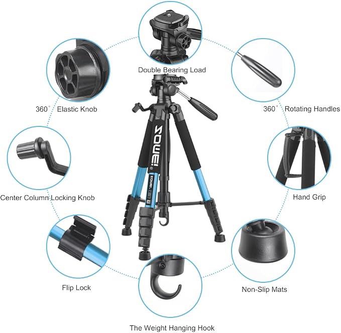 74 Inch Heavy Duty Tripod Stand for Cameras, Cell Phones, Projectors, Webcams, Spotting Scopes - Complete Unit for Canon, Nikon, Sony - Perfect for Phone & Camera Photography(Blue) - Image 3