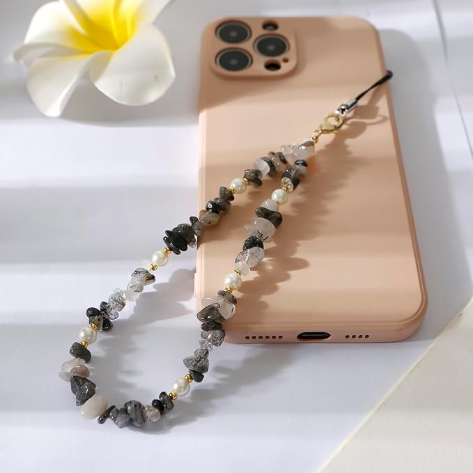 Phone Chain Phone Wrist Strap Natural Gemstone Phone Charms Cell Phone Lanyard Beaded Phone Strap for Women Girls(Black) - Image 2