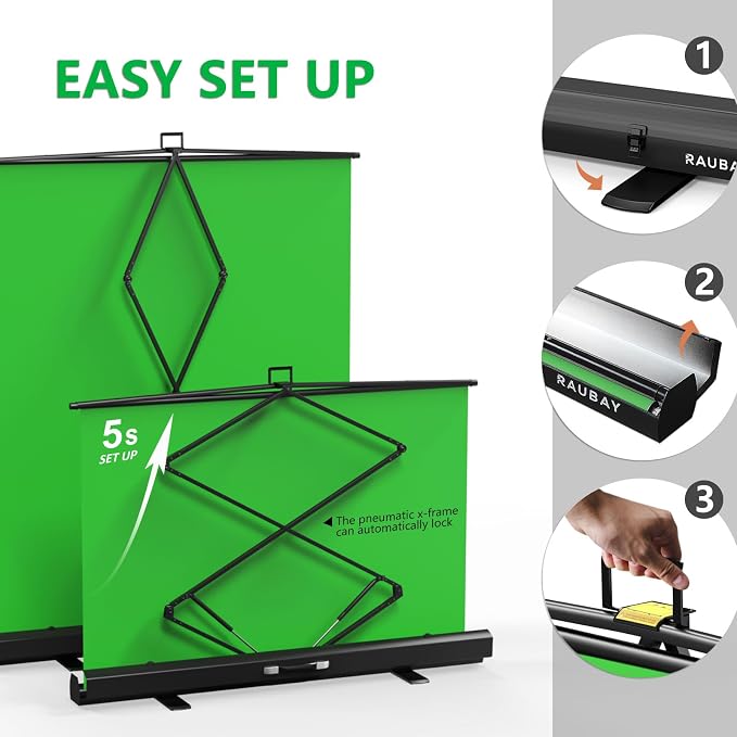 【Easy Set Up】 RAUBAY 59.8 x 82.7in Collapsible Green Screen Backdrop | Portable Retractable Chroma Key Panel Photo Background with Stand for Video Conference, Photographic Studio, Streaming - Image 4