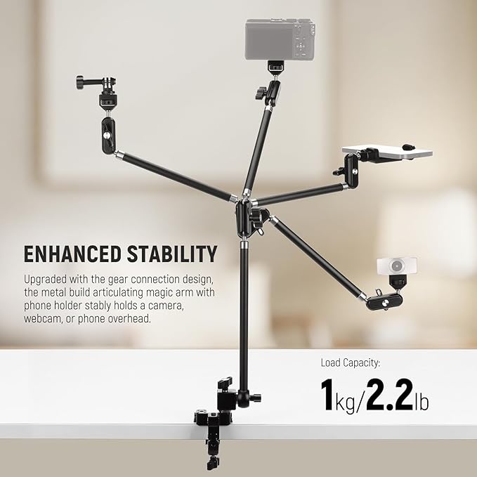 NEEWER 30" Articulating Magic Arm with Desk Super Clamp/Action Cam Mount/Phone Holder, Overhead Camera Mic Boom Stand, Compatible with GoPro iPhone DSLR Webcam Microphone Video Recording, UA056 - Image 2