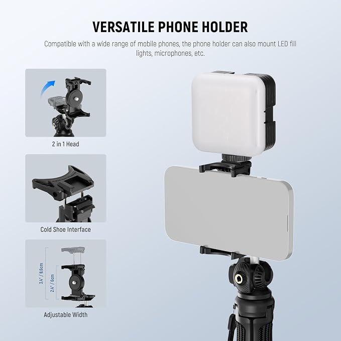 NEEWER TP38 Phone Camera Tripod, 15" Extendable Selfie Stick Metal Stand | Phone Holder, Action Camera Adapter, Compatible with Hero 13 12 11 10 9, 360° Ball Head Travel Tripod for Vlogging - Image 6