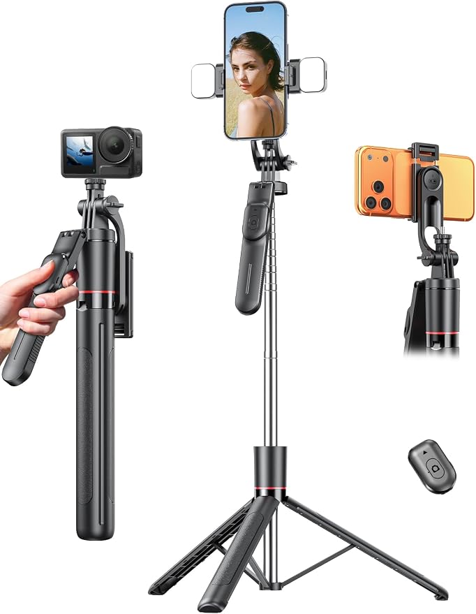 67’’ Selfie Stick Tripod with Light, Basic Phone Stand for iPhone & Samsung, All-in-One Extendable Tripod with Remote, 360° Rotation Handle, Portable Travel Vlog Kit for Video Recording Live Streaming by kzomKzoo