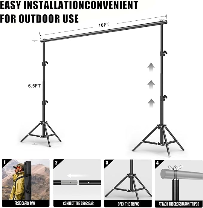 BEIYANG 6.5x10 FT Backdrop Stand, Adjustable Photo Background Stand Support kit with Carry Bag for Parties, Decoration, Wedding, Photo Video Studio Shooting - Image 3