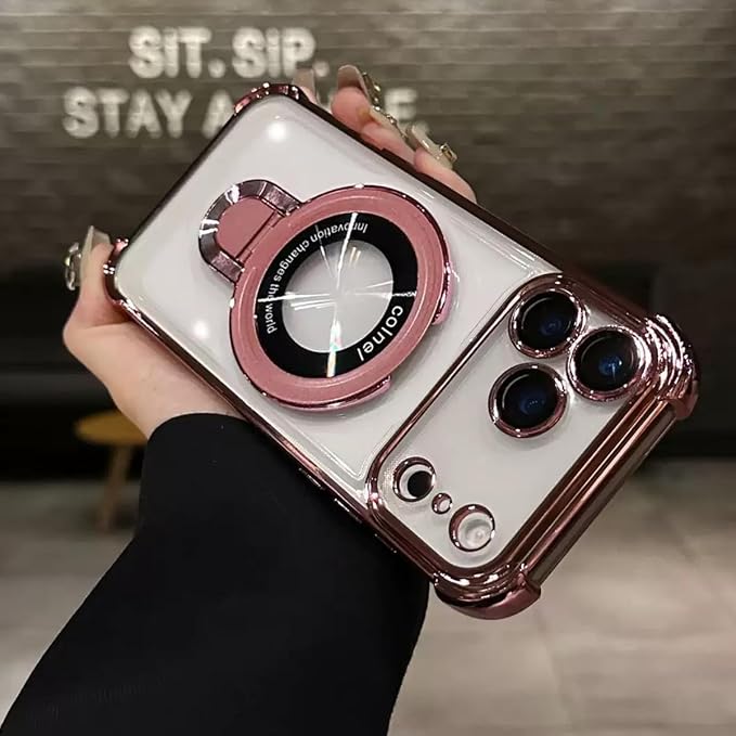 for iPhone 17 Pro Max Clear Case with Magnetic Ring Stand, [Compatible with MagSafe] Shockproof Kickstand Plating Soft Case Camera Lens Protector Girls Woman Cover for 17 Pro Max 6.9", Pink - Image 6