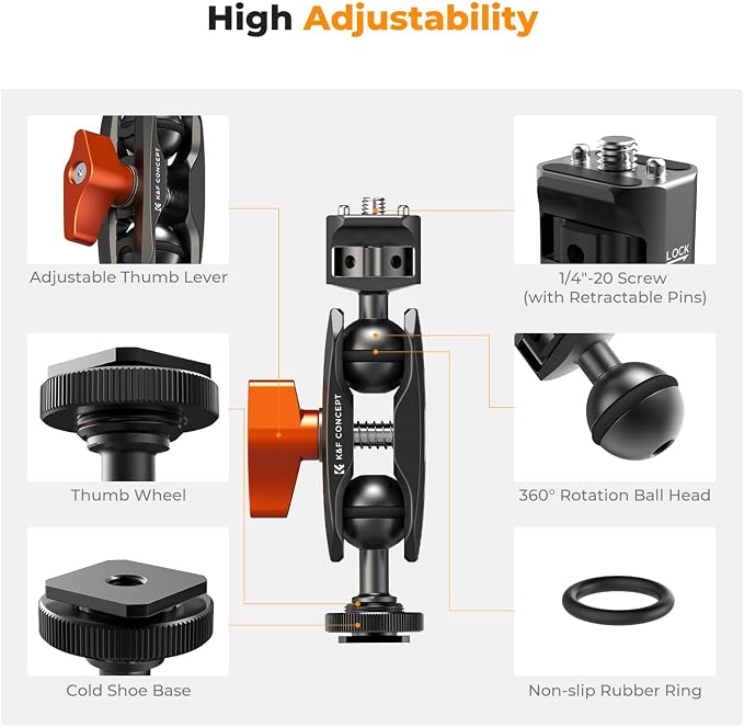 K&F CONCEPT Magic Arm, Multi-Function Double Ball Head with Cold Shoe | Mount 1/4" Screw for Super Clamp, Monitor, LED Light, MS27 - Image 3