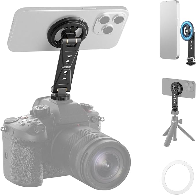 NEEWER Magnetic Phone Tripod Mount Compatible with MagSafe iPhone Samsung, Metal Adjustable Rotatable Cellphone Holder Adapter w/Cold Shoe for Tripod Mounting Camera Monitoring Video Recording, DS031 by Neewer