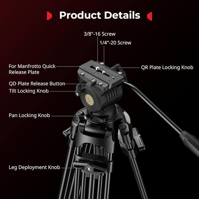 SmallRig FreeSpeed Heavy Duty Video Tripod, 74" Camera Tripod with 360° Fluid Head for Manfrotto Plate, One-Knob Quick Extend, 75mm Bowl, Load up 17.64lb for DSLR Mirrorless Camera, Camcorder- FSD14 - Image 8