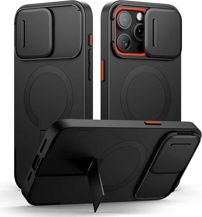 SURITCH for iPhone 15 Pro Max Case with Magnetic Camera Slide Cover and Adjustable Kickstand, Compatible with MagSafe, Shockproof Bumper Case Slim Protective Cover 6.7 Inch, Black by SURITCH