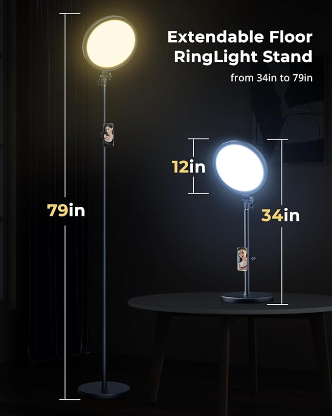 Aureday 12” Ring Light with Stand and Phone Holder, 79” Tall LED Circle Light with Weighted Base & Remote, Dimmable Floor Lamp for Video Recording, Barber, Live Stream, Makeup, Photography - Image 4