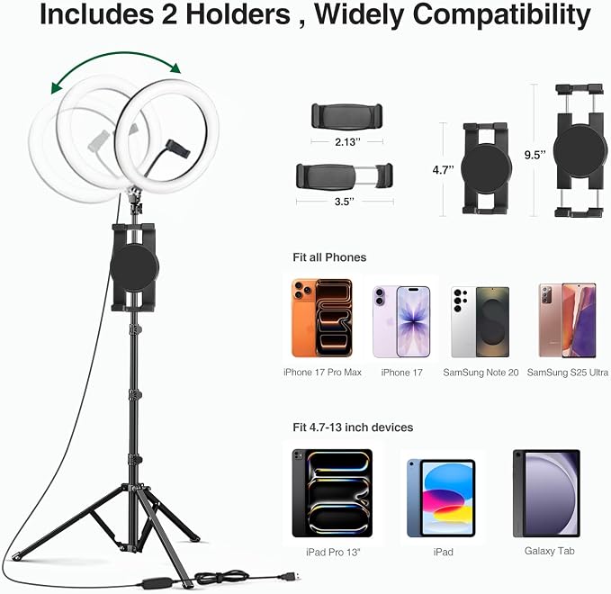 Elitehood 12’’ Ring Light with Tripod Stand (72’’ Tall) & iPad/Phone Holder | Dimmable Selfie Circle LED Lights Ringlight for Video Recording, Conference, Makeup, Laptop, Computer, Webcam, YouTube - Image 2