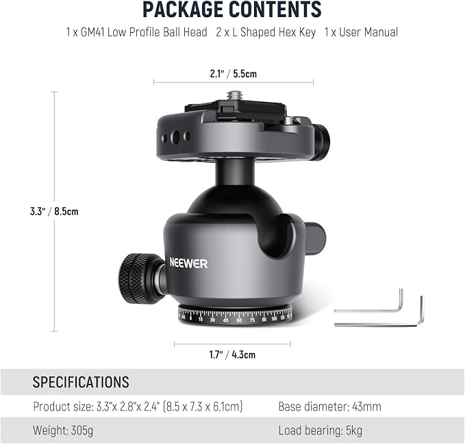 NEEWER GM41 Low Profile Tripod Ball Head, 40mm Metal Panoramic Camera Mount Adapter with 1/4" Arca Type QR Plate Compatible with PD, 360° Swivel & 90° Tilt, Max Load 11lb - Image 7