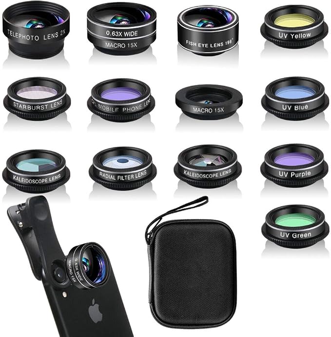 Phone Camera Lens Kit (13 Pieces) for iPhone 11 Xs 10 8 7 6 Plus SE Samsung and Most Andriod Phone- Wide Angle Lens & Macro Lens+Fisheye Lens and More by Mocalaca