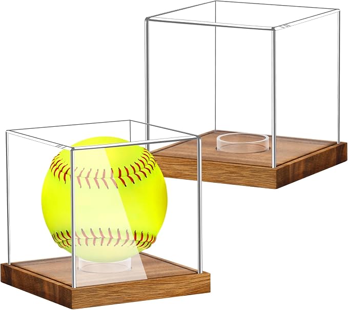 2 Pack Clear Acrylic Softball Display Case with Wood Base, Memorabilia Stand Cube Holder, Dust Protection Transparent Storage Box for Single Ball Souvenir Softball Collections by Hxezoc