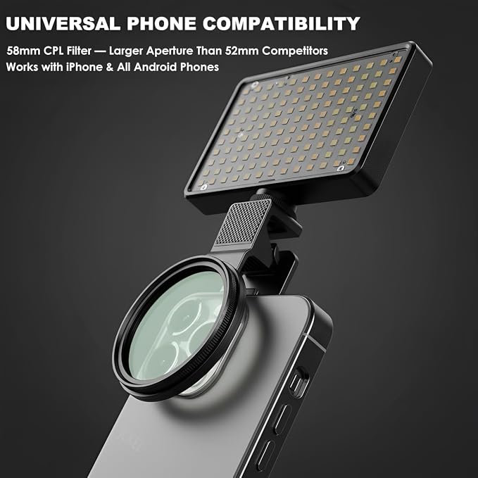 Polarized CPL Lens Light for iPhone - 120 LED Tattoo Photography Kit, 58mm Filter Removes Glare, Adjustable Color Temp, Clip-On Selfie Light for TikTok, Video Recording, Tattoo Photography - Image 7