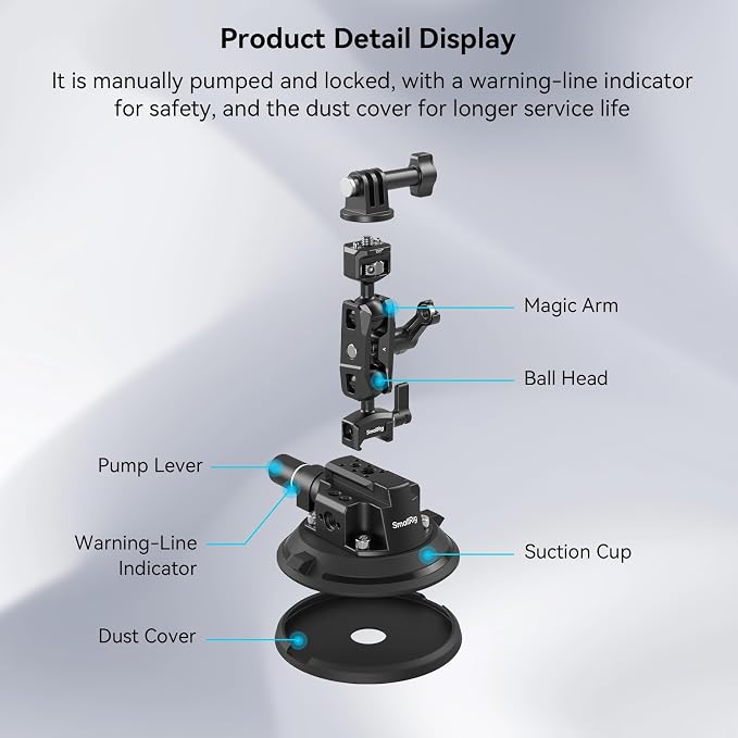 SMALLRIG 4" Camera Suction Mount with Ball Head Magic Arm, Car Mount for Lightweight Camera/Action Camera/Phone, Air Pump Vacuum Suction Cup, Max Load 3kg/6.6 Pound - 4236 - Image 6