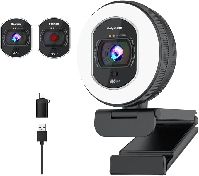 4K Webcam with Ring Light & Built-in Microphone for PC Streaming | PDAF Autofocus,Supports 1080P 60FPS, Comes with Privacy Cover, Compatible with Zoom, Skype, Google Meet, Laptop Desktop Mac by Galyimage