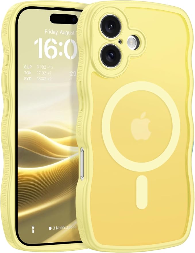BENTOBEN Magnetic for iPhone 16 Case, Cute Wavy [Full Camera Protection][Compatible with MagSafe] Matte Anti-Slip Bumper Women Girls Boys Protective Cover for iPhone 16 6.1",Yellow by BENTOBEN