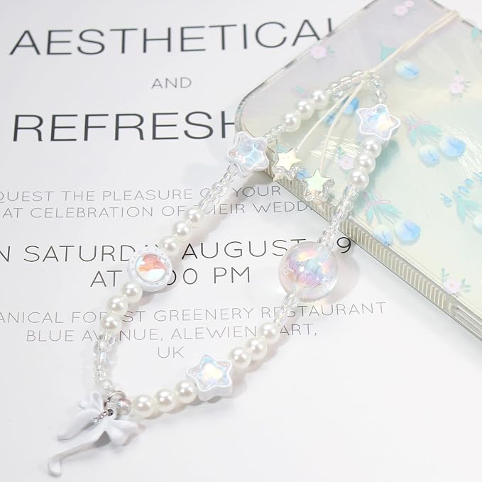 Beaded Camera Wrist Strap,Cute Phone Charm Decor,Pearl Bracelet Wrist Strap | Phone Keychain Decoration for Wallet,Durable Nylon Rope Lanyard,Compatible with all Phone Case,Silver Star - Image 5
